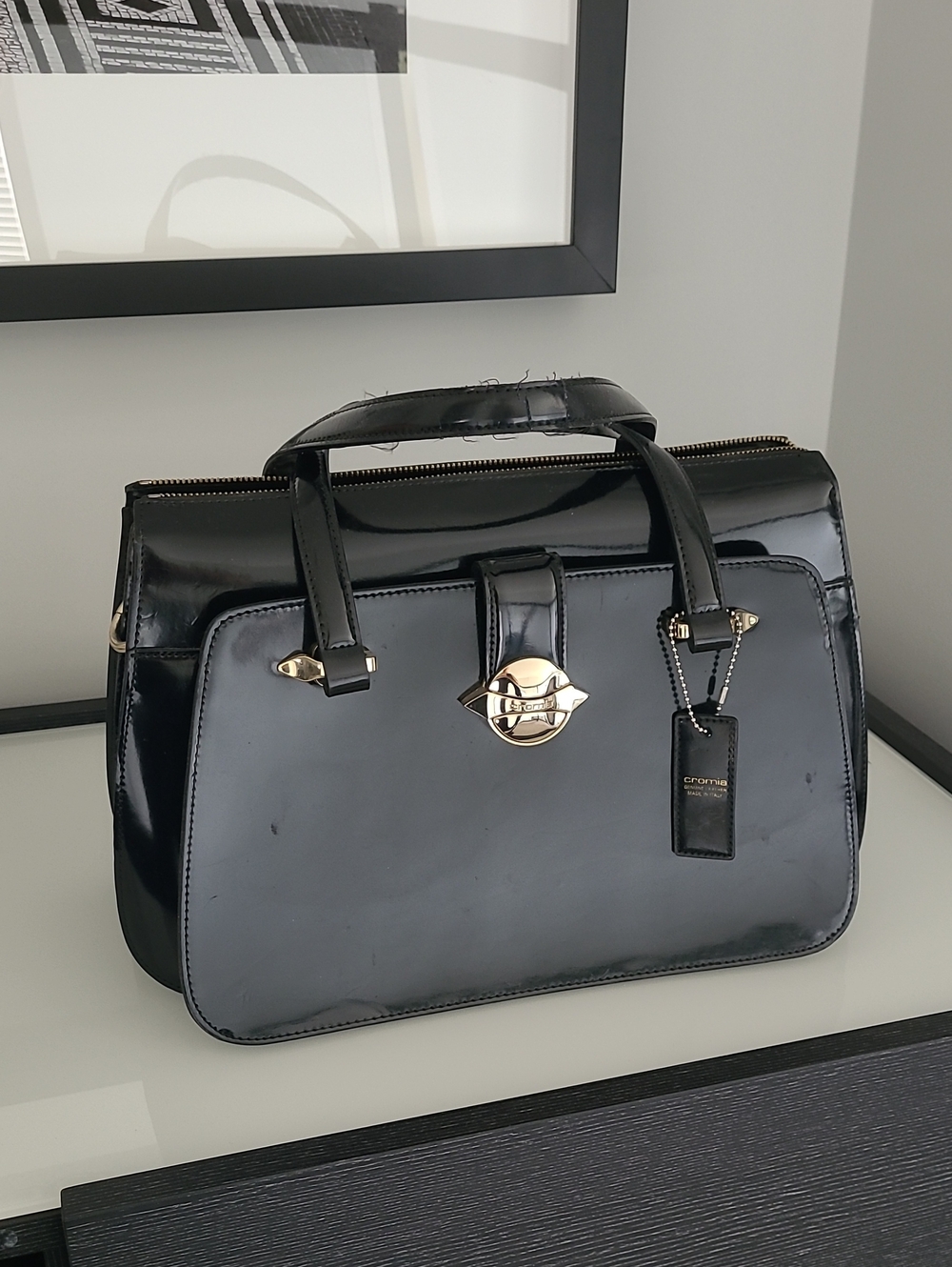 Cromia Black Patent Leather Satchel Handbag